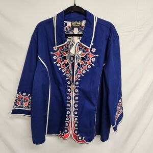 Bob Mackie Jacket Womens 3X Plus Blue Wearable Art Embroidered 3/4 Sleeve